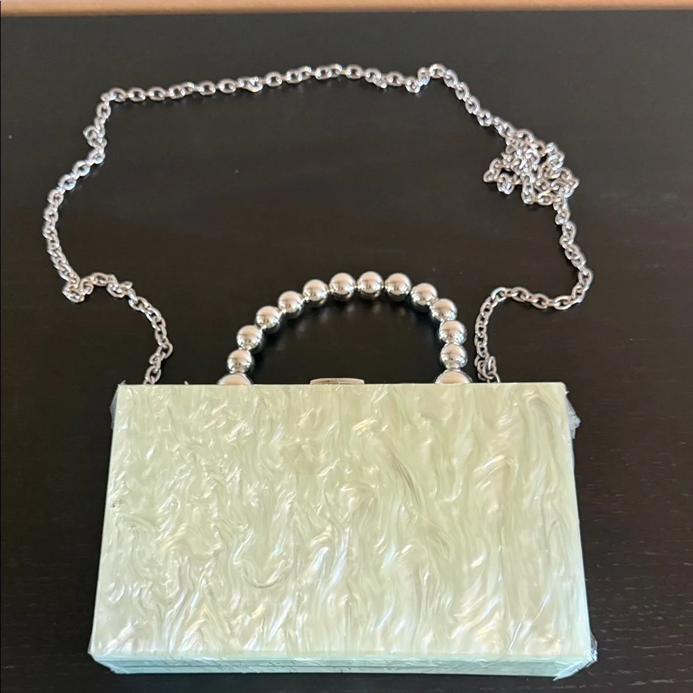 ASOS DESIGN marble resin clutch/ crossbody silver tone beaded handle Mint NEW